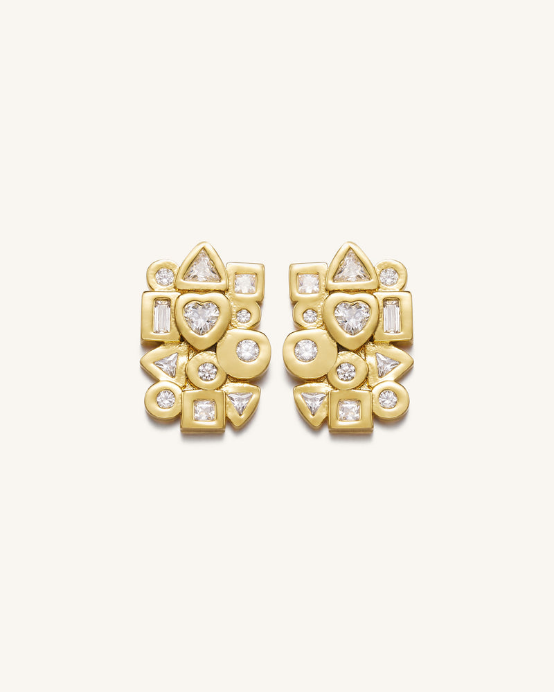 Geometrical Combination Earrings - 18ct Gold Plated & White Zircon