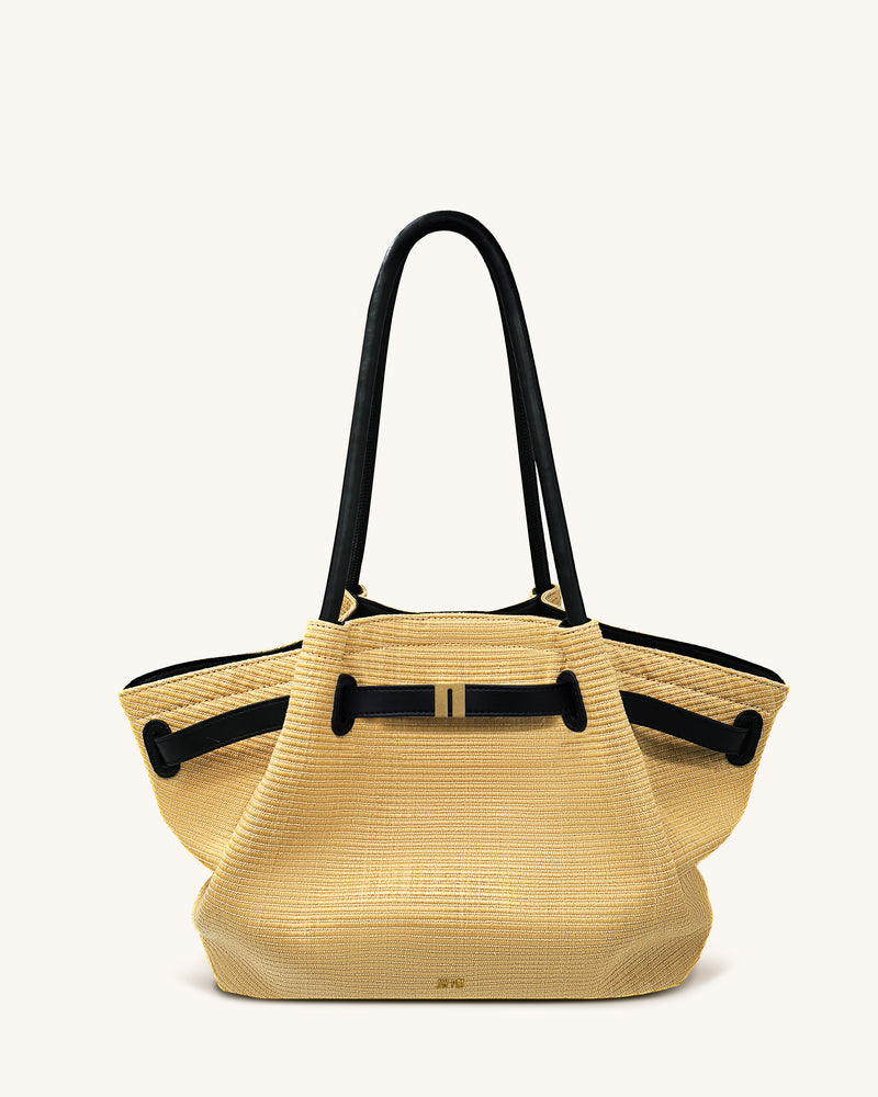 Hana  Medium Faux Straw Tote Bag - Brown Straw