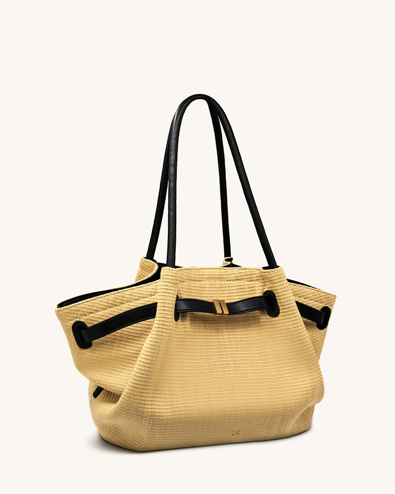 Hana  Medium Faux Straw Tote Bag - Brown Straw